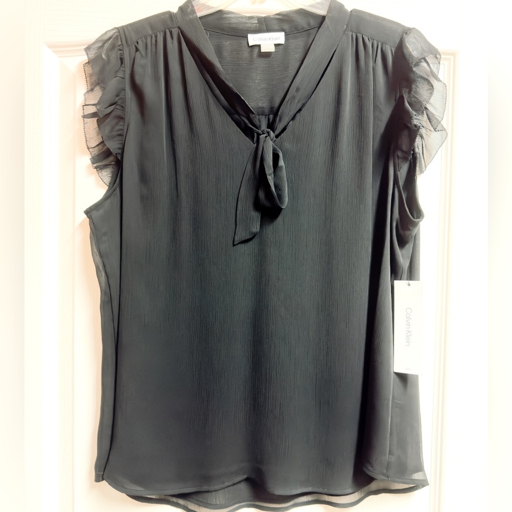 NWT Calvin Klein Semi Sheer V-Neck Black Blouse